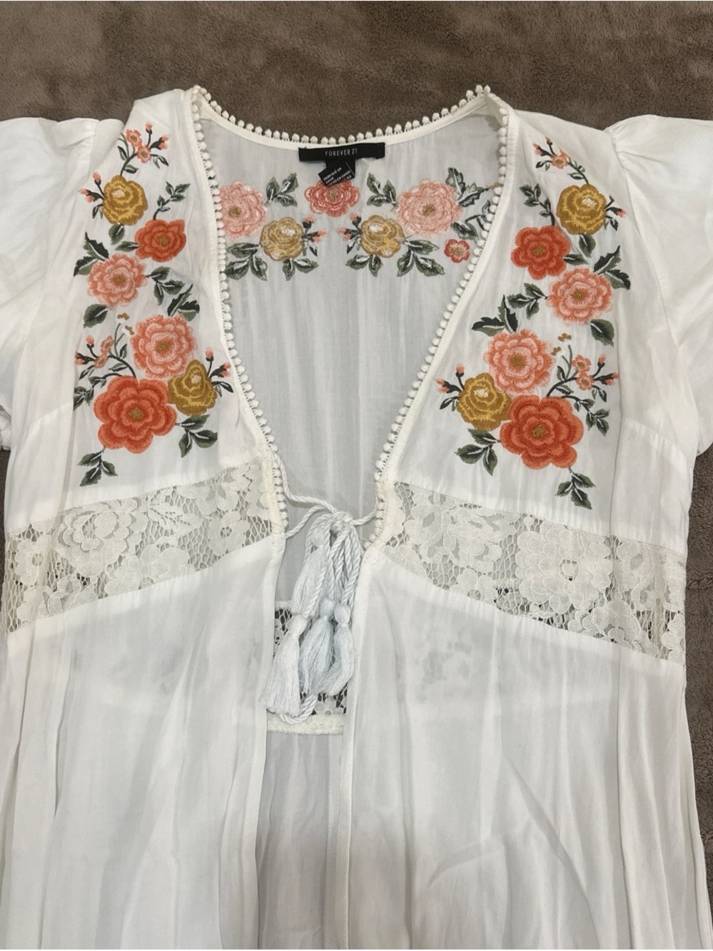 Forever 21 White Floral Embroidered Peasant Tunic with Tassel Tie